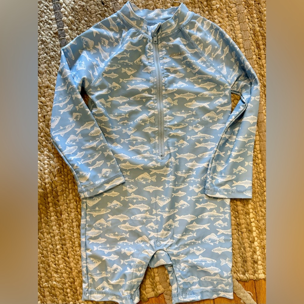 EDDIE BAUER Pale Blue Fish Print Swim Rash Guard Onesie 24M